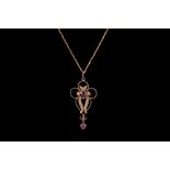 AN AMETHYST AND PEARL PENDANT, mounted in gold,