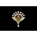 AN ART NOUVEAU PEARL AND ENAMEL FLORAL SPRAY BROOCH, in 18ct gold, attributed to Georges le Turcq