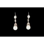 A PAIR OF PEARL AND DIAMOND DROP EARRINGS, two natural saltwater pearls of 9.59ct in total with