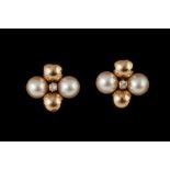 A PAIR OF PEARL, DIAMOND AND GOLD EARRINGS,