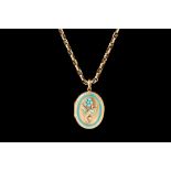 AN OVAL LOCKET AND CHAIN, with turquoise and seed pearl flower detail.