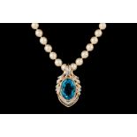A PEARL CHOKER WITH BLUE TOPAZ AND DIAMOND PENDANT