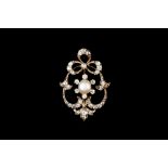 AN EDWARDIAN DIAMOND AND CULTURED PEARL PENDANT, with shamrock motif, set throughout with diamonds