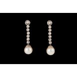 A PAIR OF CULTURED PEARL AND DIAMOND DROP EARRINGS