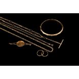 A COLLECTION OF GOLD ITEMS, comprising of a 9ct gold bangle, two 9ct gold albert chains,