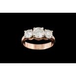 A DIAMOND THREE STONE RING, three round brilliant cut diamonds of approx 2.21ct F/H VS-SI, mounted