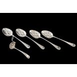 A FIVE PIECE GEORGIAN SILVER BERRY SPOON SET, London 1797/9, cased, with later chased,