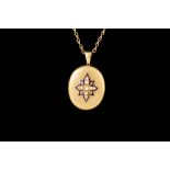 A 9CT GOLD LOCKET AND CHAIN, with cultured pearl and enamel floral motif.