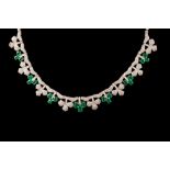 A DIAMOND AND EMERALD NECKLACE, diamonds of approx. 8.26ct, emeralds of approx.