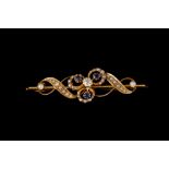 A SAPPHIRE, DIAMOND AND SEED PEARL BROOCH,