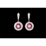 A PAIR OF RUBY AND DIAMOND CLUSTER DROP EARRINGS, with rubies of approx. 0.78ct, diamonds of approx.