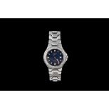 A GENTS STAINLESS STEEL LONGINES WRIST WATCH, with navy face,