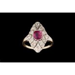 A RUBY AND DIAMOND NAVETTE SHAPE CLUSTER RING, with one cushion cut ruby of 1.01ct, with gem report,