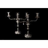 A PAIR OF GEORGE III IRISH SILVER THREE BRANCH CANDELABRA, over a detachable candle stick base, in