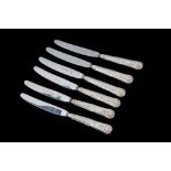 A SET OF SIX MODERN SILVER HANDLED CAKE KNIVES, cased, by Emile Viner,