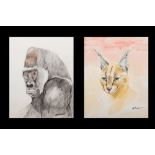 HAROLD HUBERMAN ''Grey back Gorilla'' and ''Lynx'' (a pair), Watercolour 15x12'' Signed