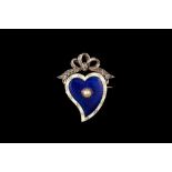 AN EARLY VICTORIAN HEART SHAPE BROOCH, in blue and white enamel finish, set with rose cut diamonds.