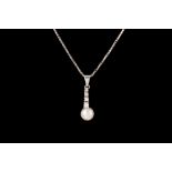 A DIAMOND AND CULTURED PEARL DROP PENDANT, mounted in 14ct white gold,