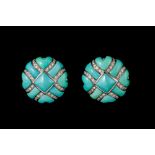 A PAIR OF CARVED TURQUOISE AND DIAMOND EAR-CLIPS, with diamonds of approx. 0.