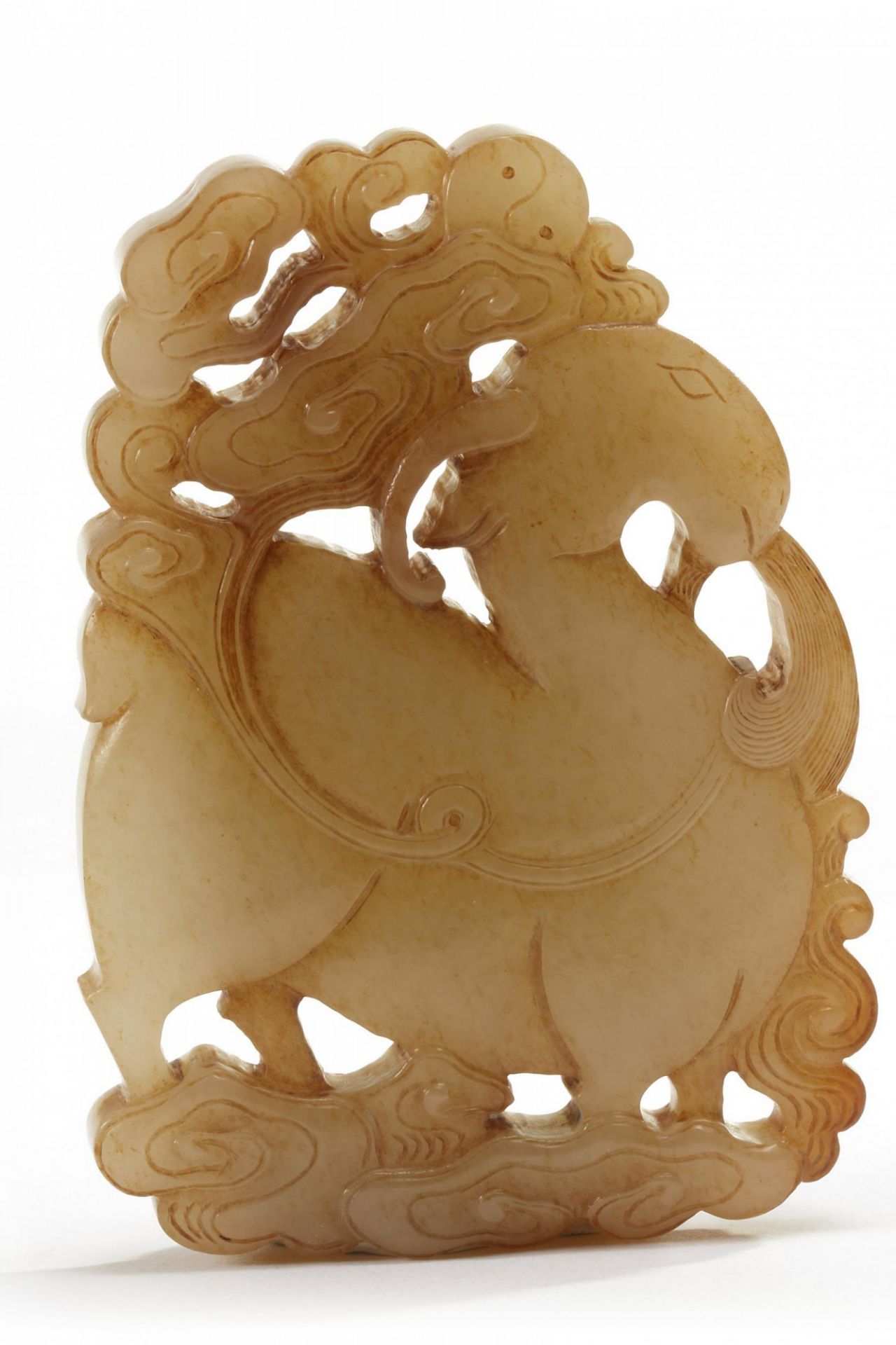 A Chinese celadon jade 'ram' plaque - Image 2 of 2