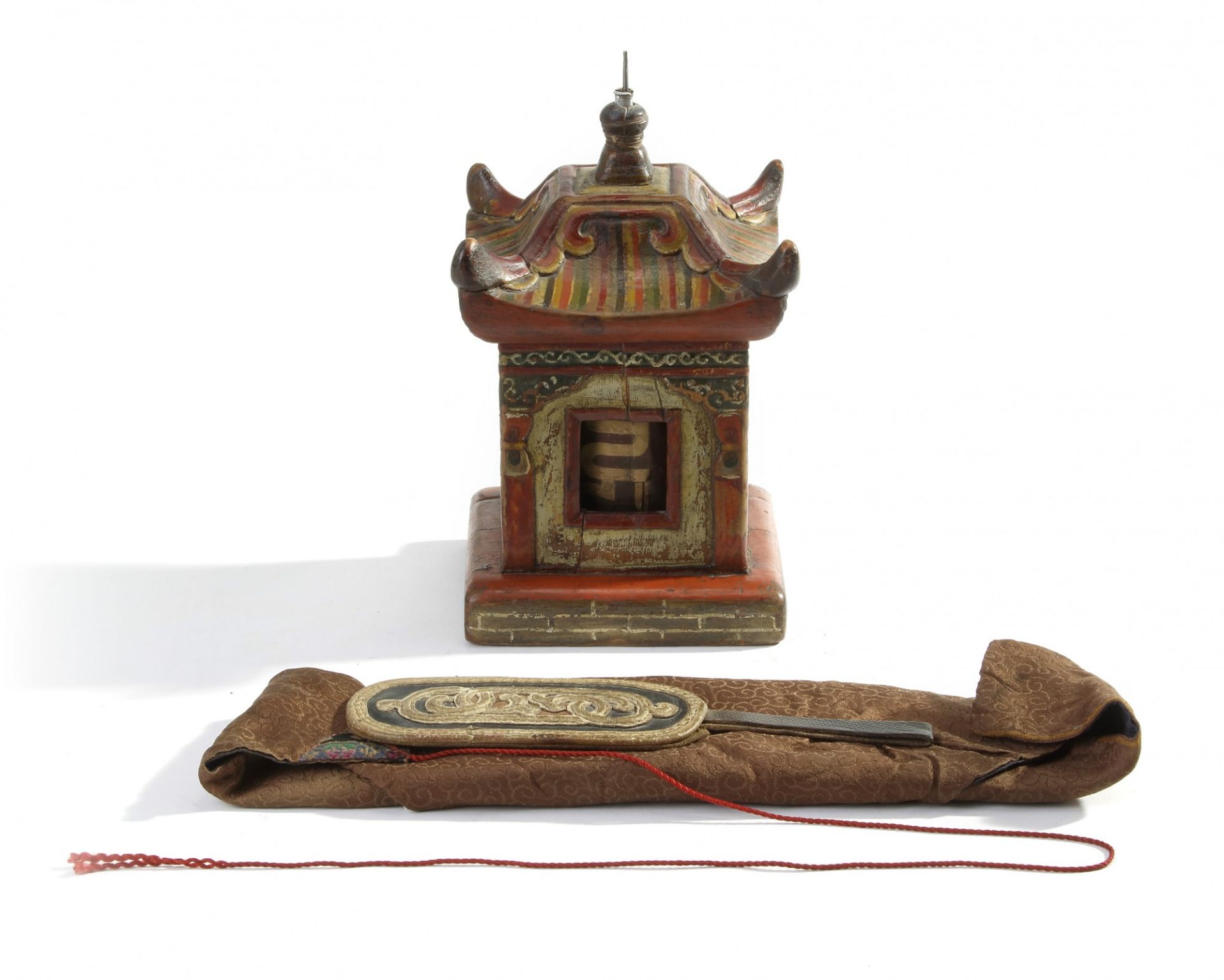 A small Mongolian leather bag, three manuscript sections and a wooden prayer wheel - Image 2 of 3