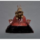 A red lacquered twenty-four plate sujikabuto-helmet with five neck-guards (shikoro)