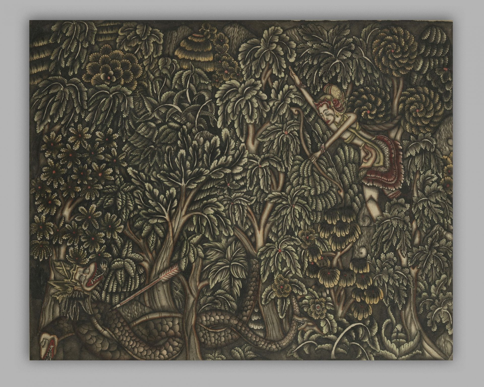 A Ubud painting depicting an archer and a snake