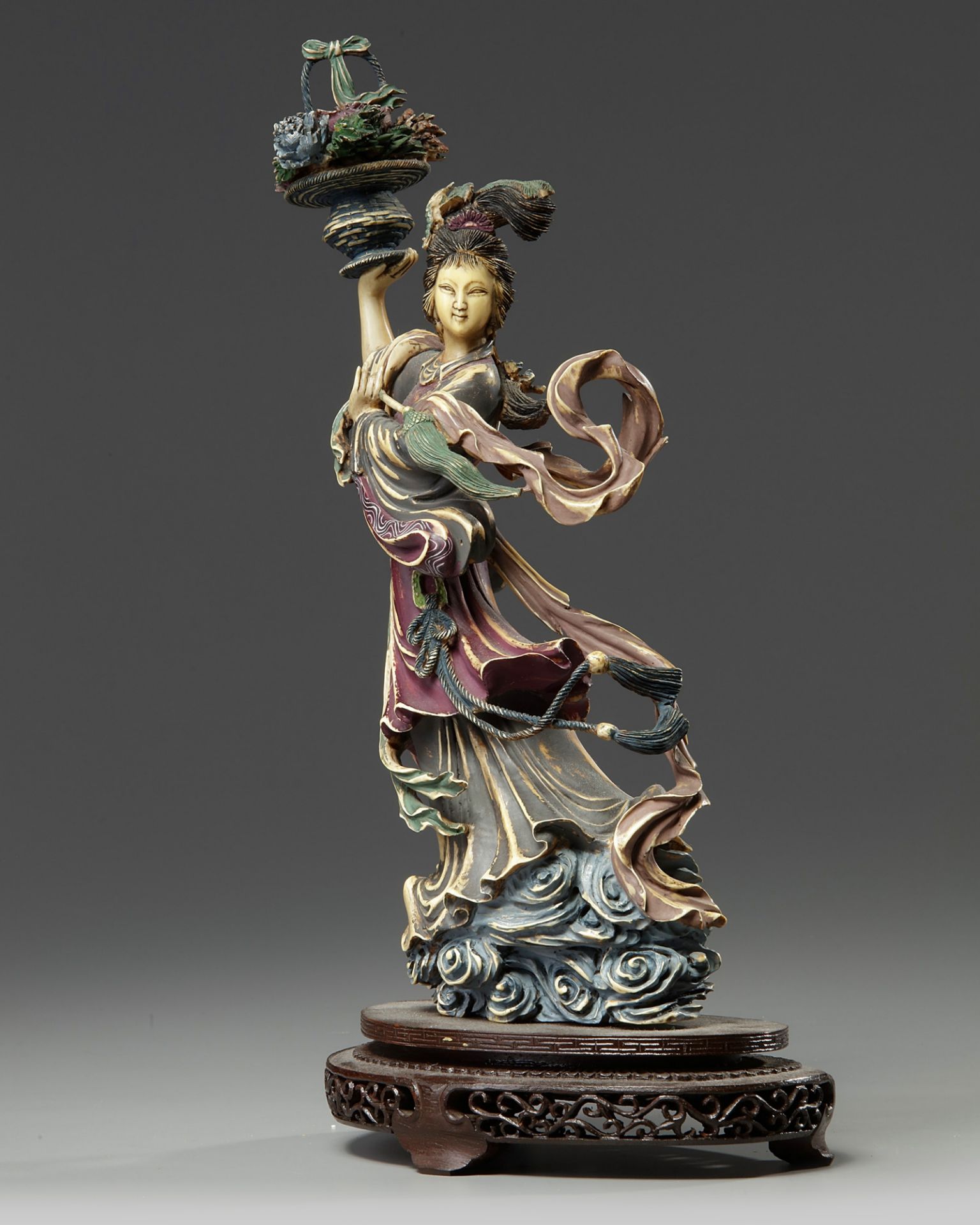 A Chinese polychrome-decorated ivory figure of a maiden - Image 2 of 5