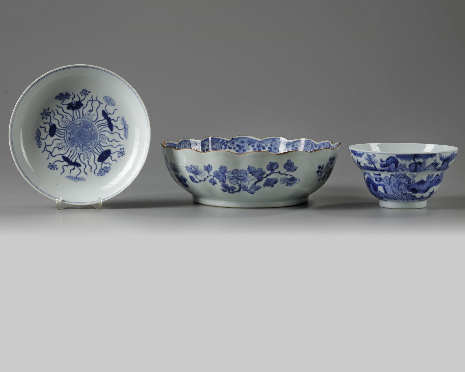 Two Chinese blue and white bowls and a dish
