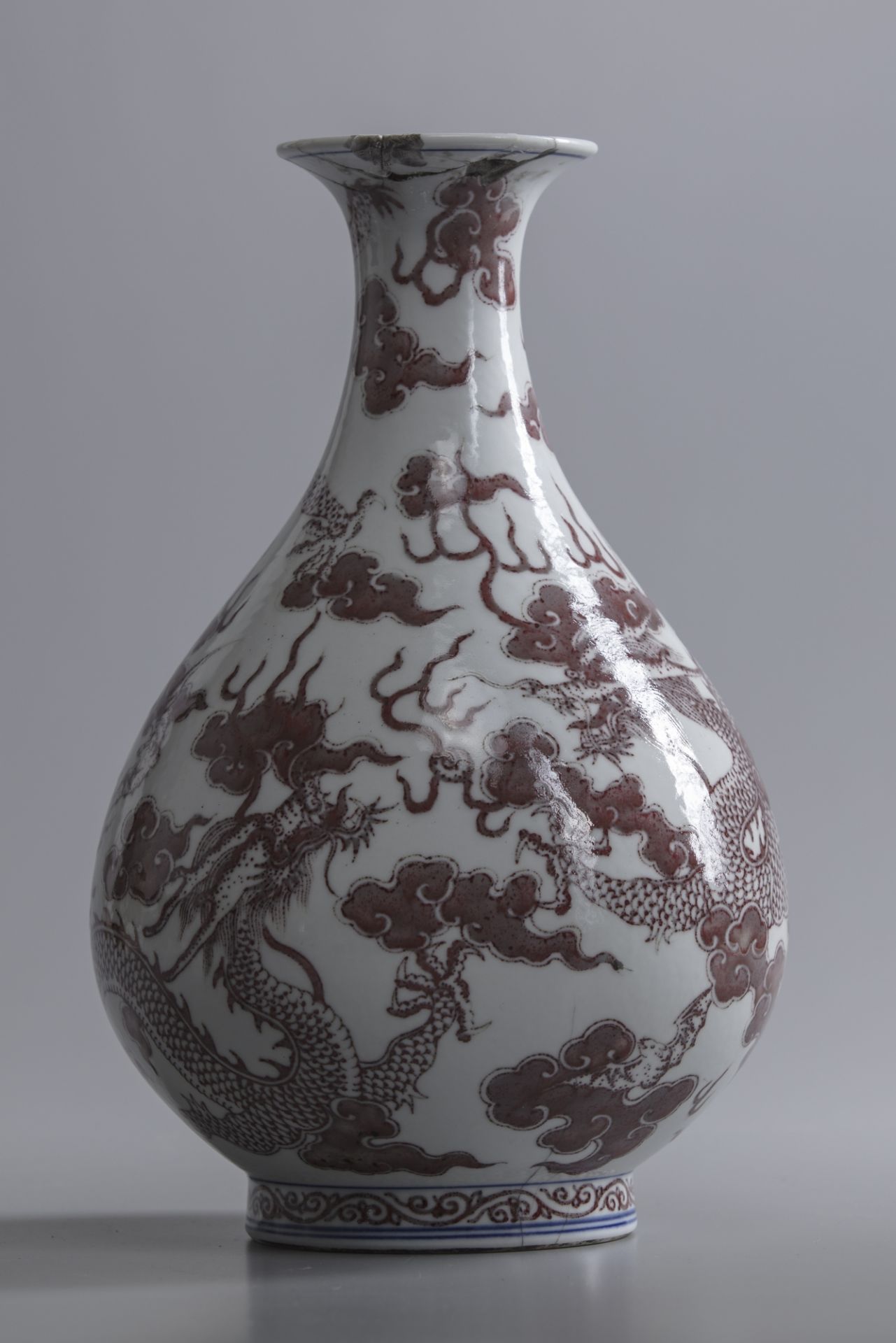 A Chinese blue and white and underglaze copper red 'dragon' pear-shaped vase, yuhuchunping - Image 3 of 6