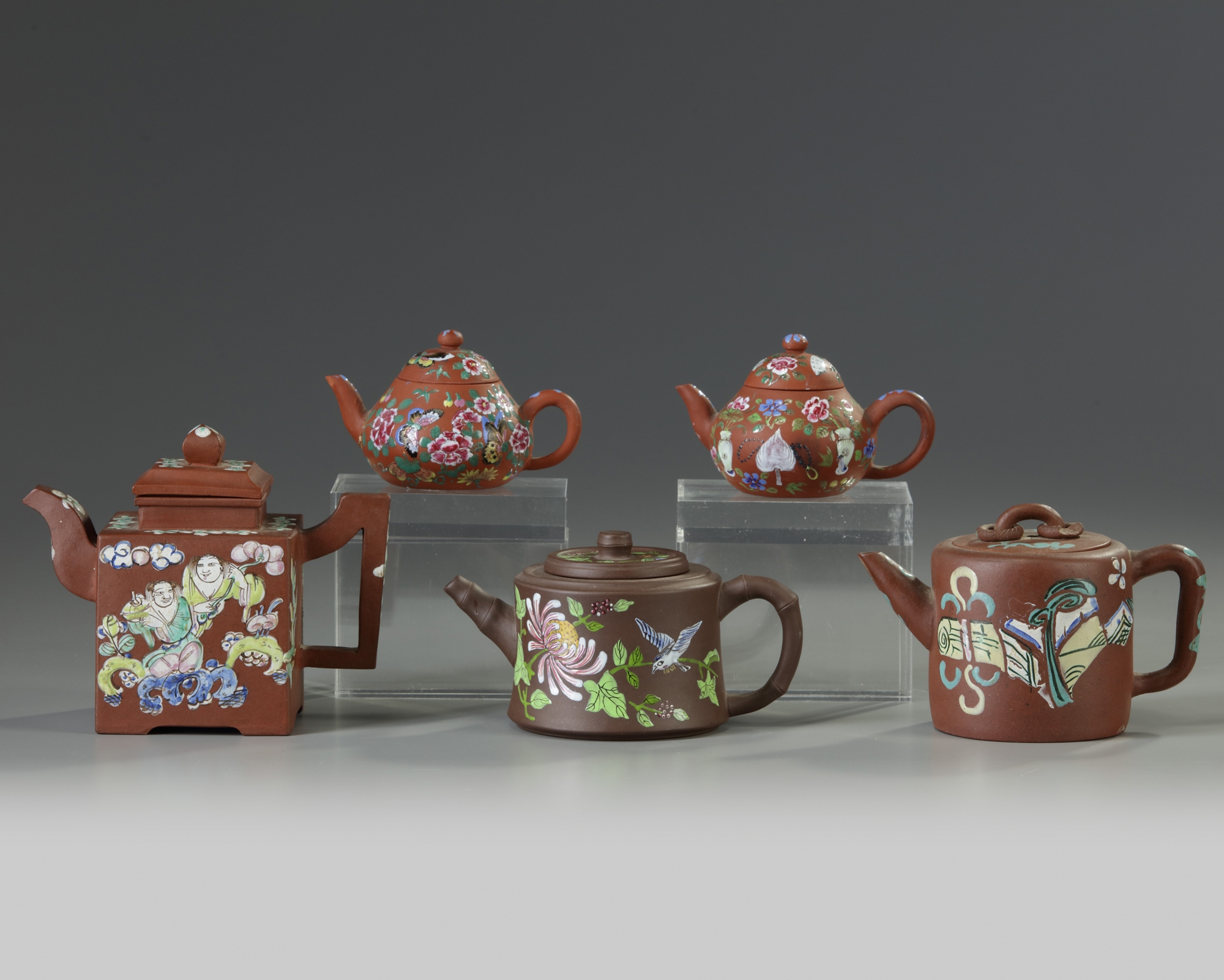 A group of five Chinese enamelled Yixing teapots - Image 2 of 4