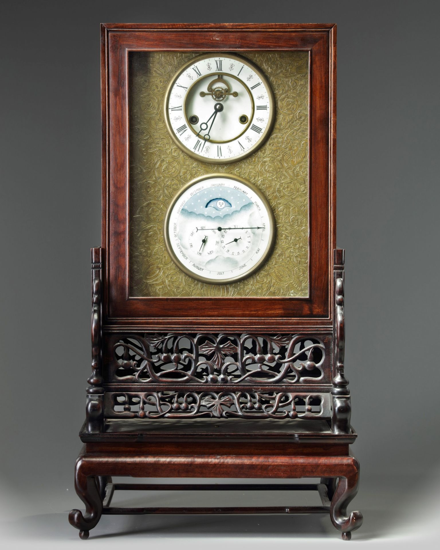 A Chinese gilt bronze clock in a hongmu case and stand - Image 2 of 4