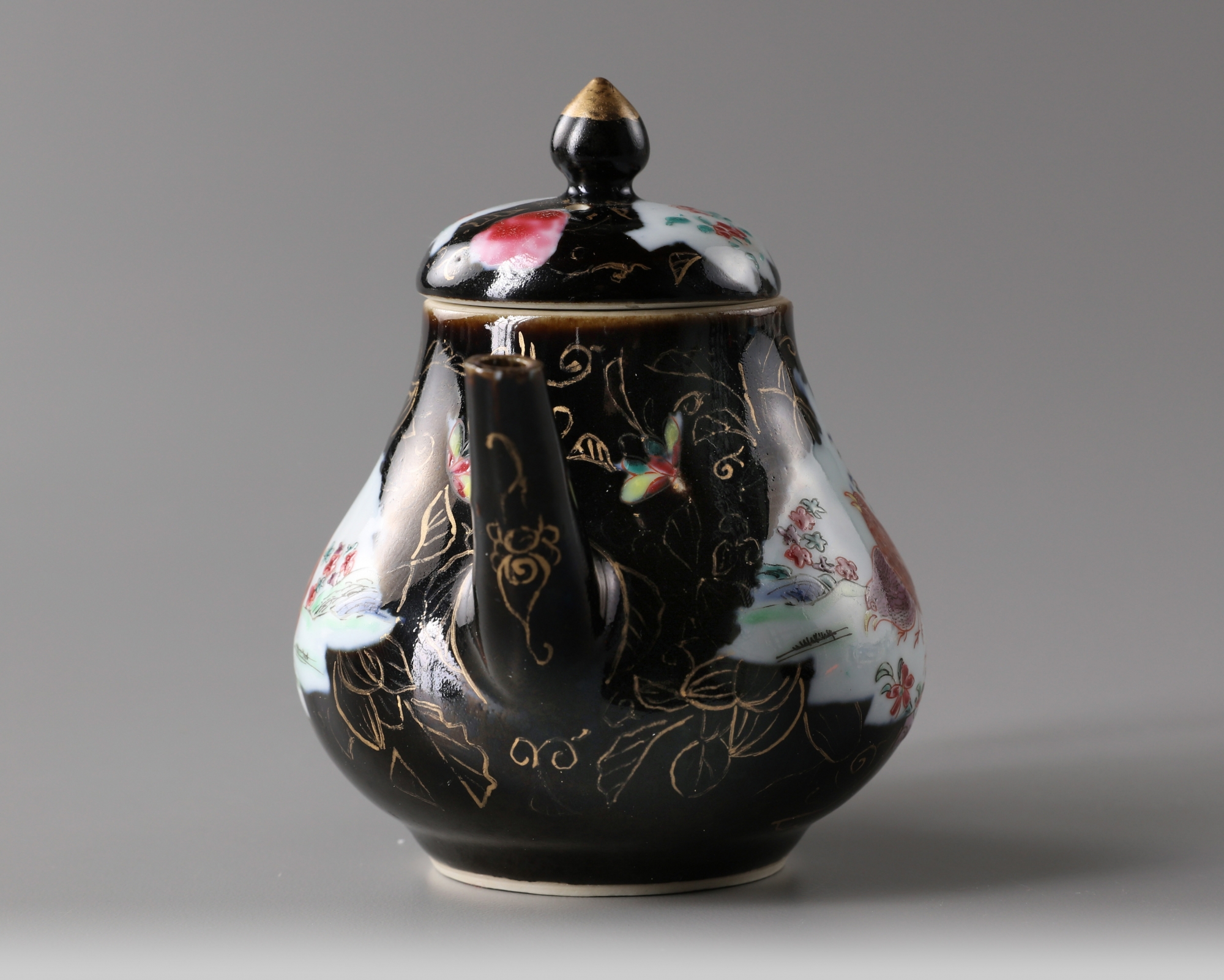 A Chinese mirror black-ground famille rose 'quails' teapot and cover - Image 3 of 5