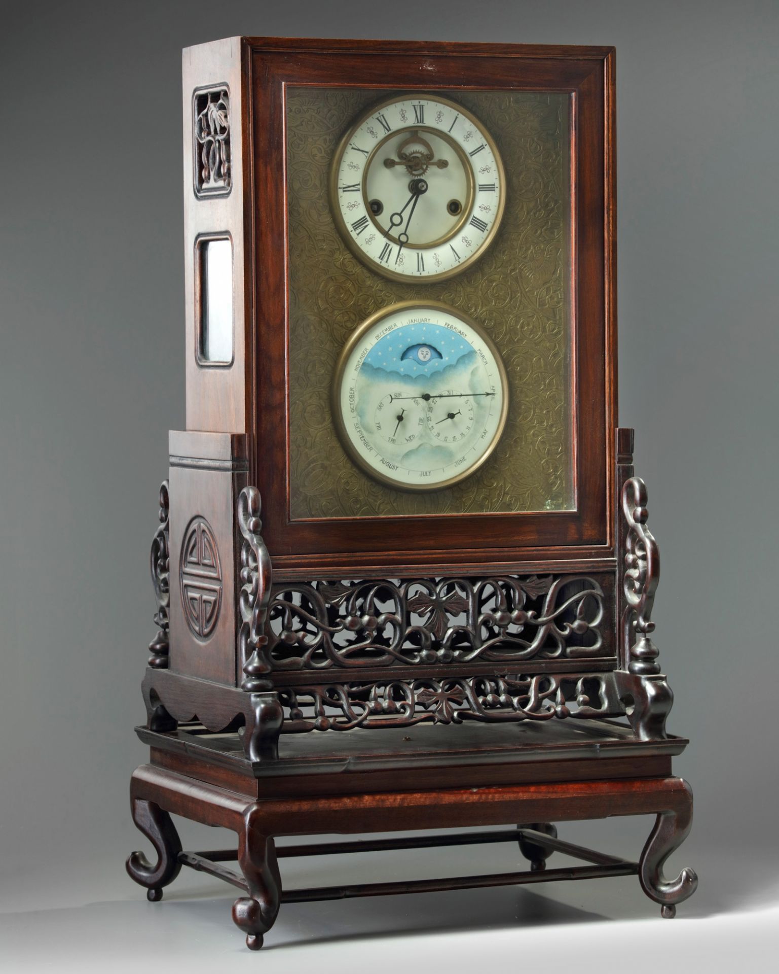 A Chinese gilt bronze clock in a hongmu case and stand - Image 3 of 4