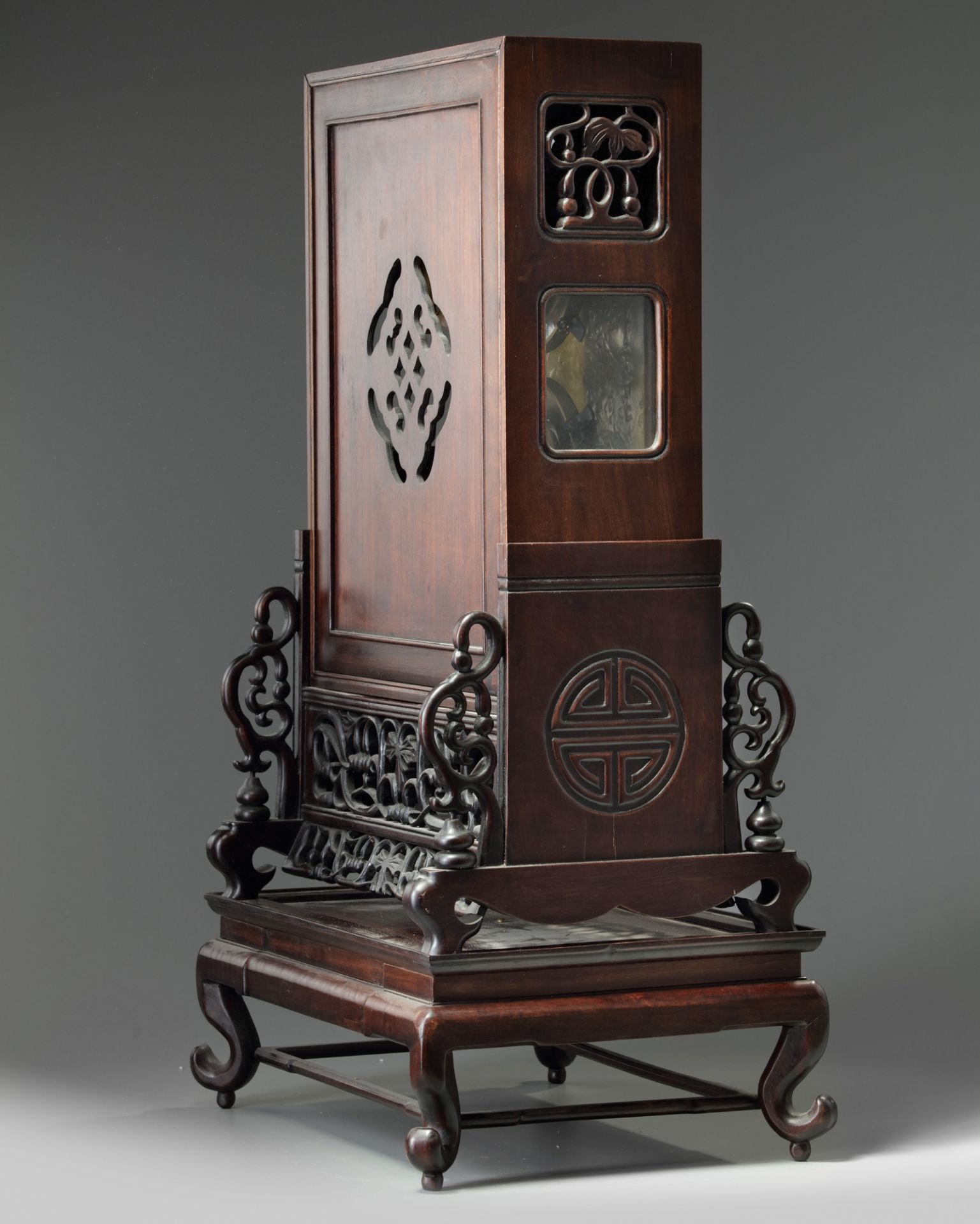 A Chinese gilt bronze clock in a hongmu case and stand - Image 4 of 4