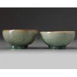 A pair of small Chinese Longquan celadon crackle-glazed bowls