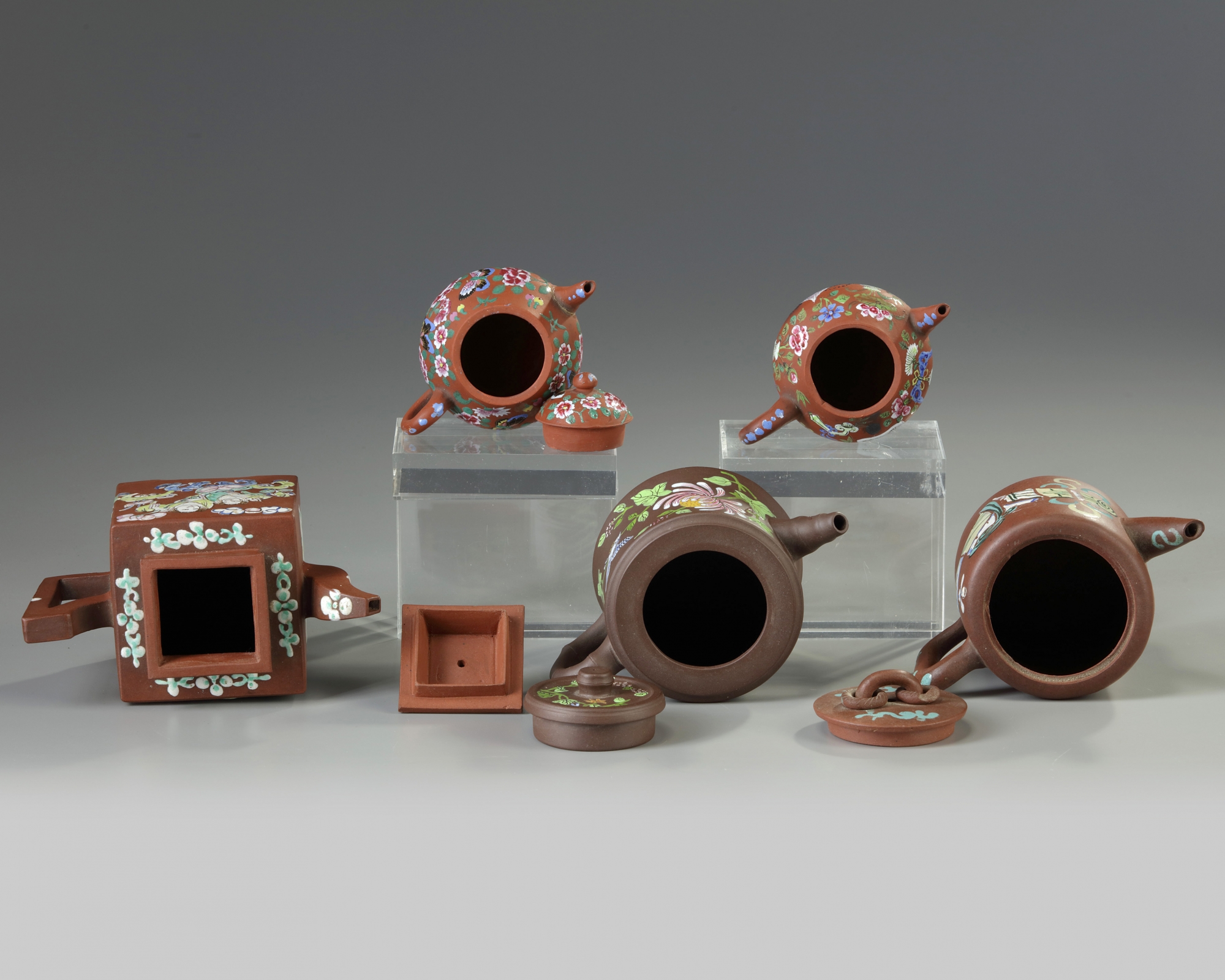 A group of five Chinese enamelled Yixing teapots - Image 4 of 4