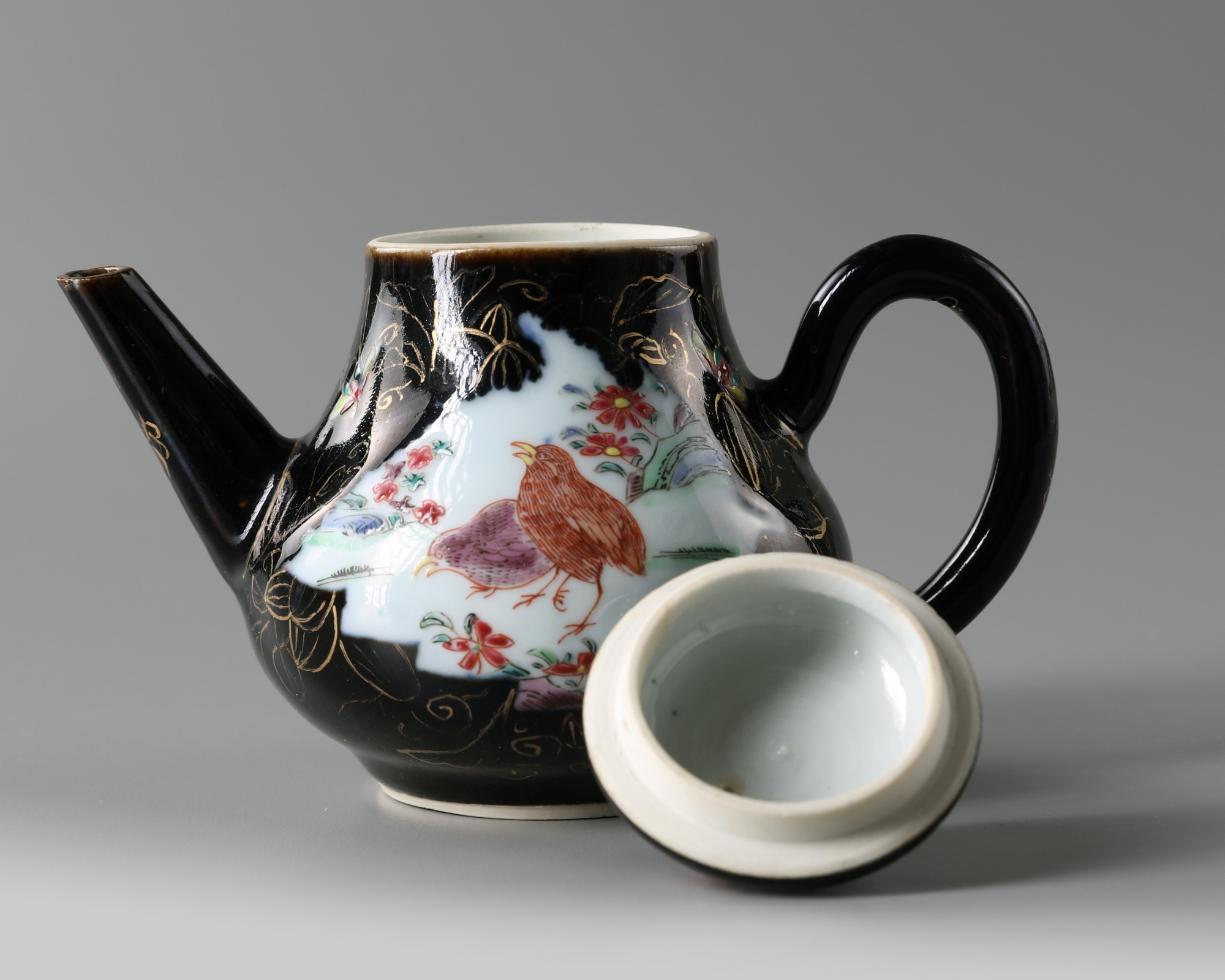 A Chinese mirror black-ground famille rose 'quails' teapot and cover - Image 4 of 5