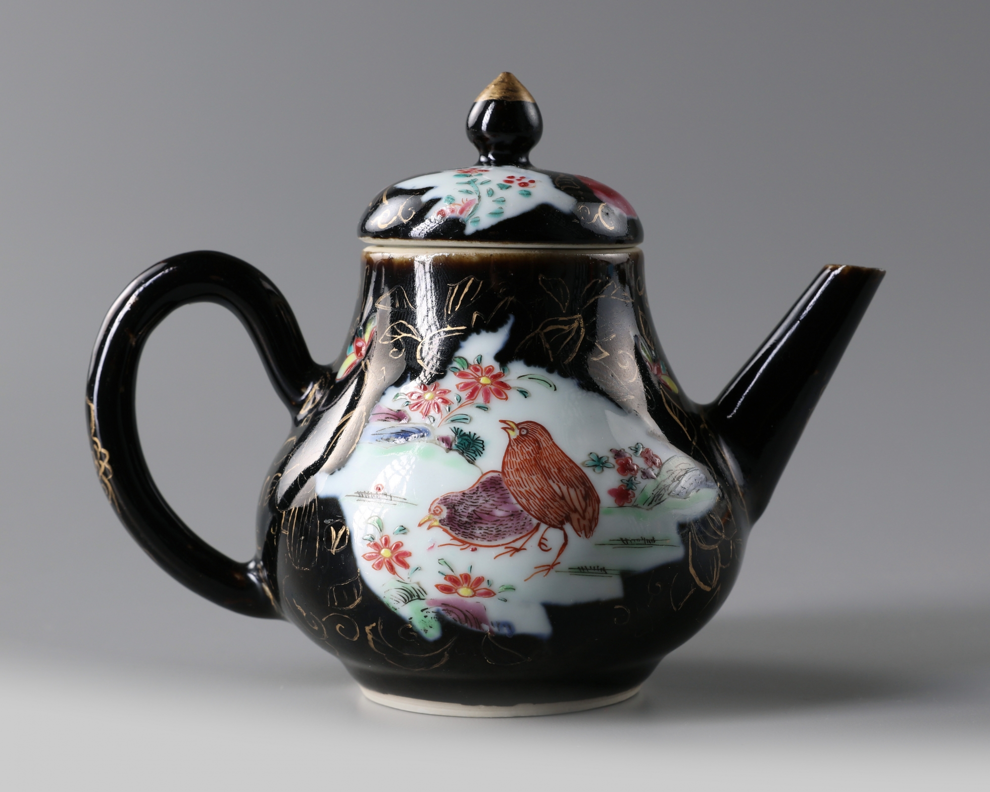 A Chinese mirror black-ground famille rose 'quails' teapot and cover - Image 2 of 5