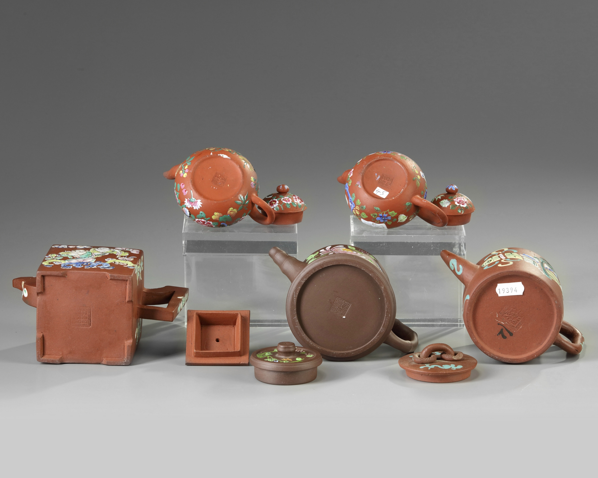 A group of five Chinese enamelled Yixing teapots - Image 3 of 4