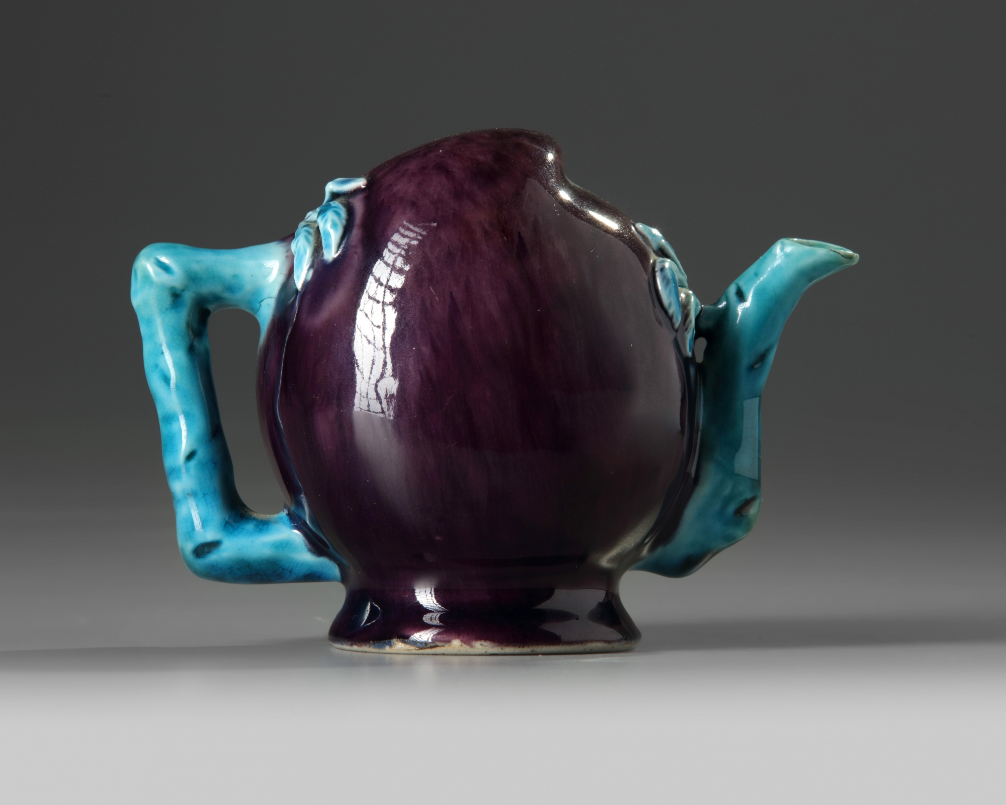 A Chinese aubergine and turquoise-decorated Cadogan teapot