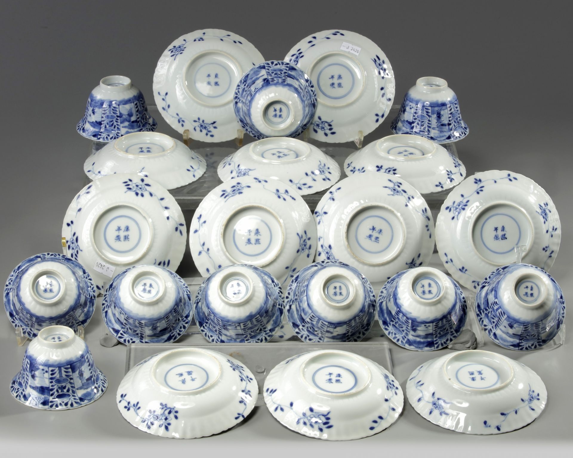 Ten sets of Chinese blue and white foliate rimmed cups and saucers - Image 2 of 2