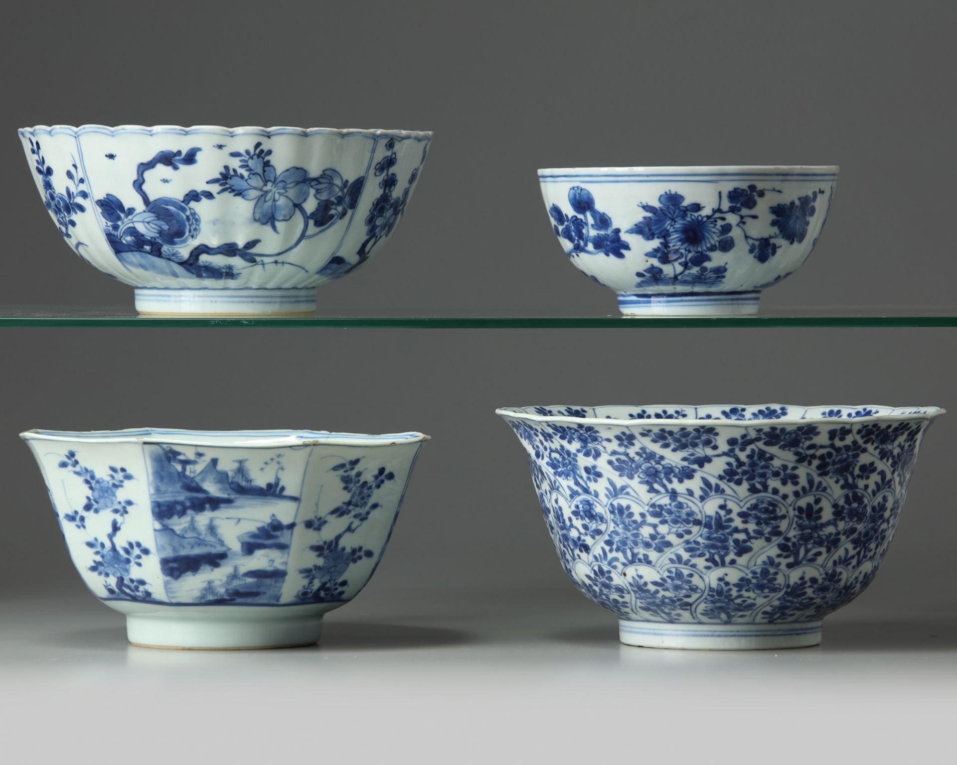 Four Chinese blue and white bowls