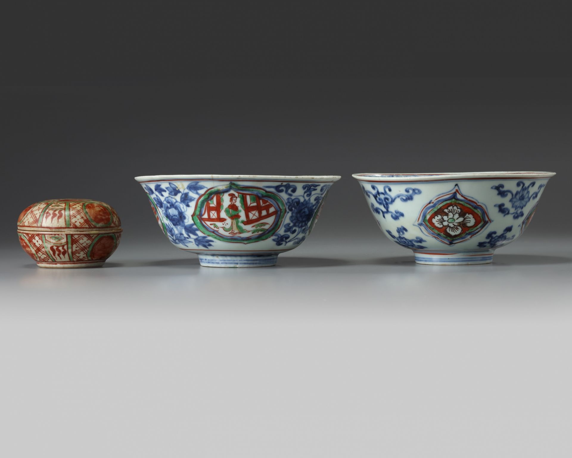Two Chinese enamelled bowls and a round box and cover