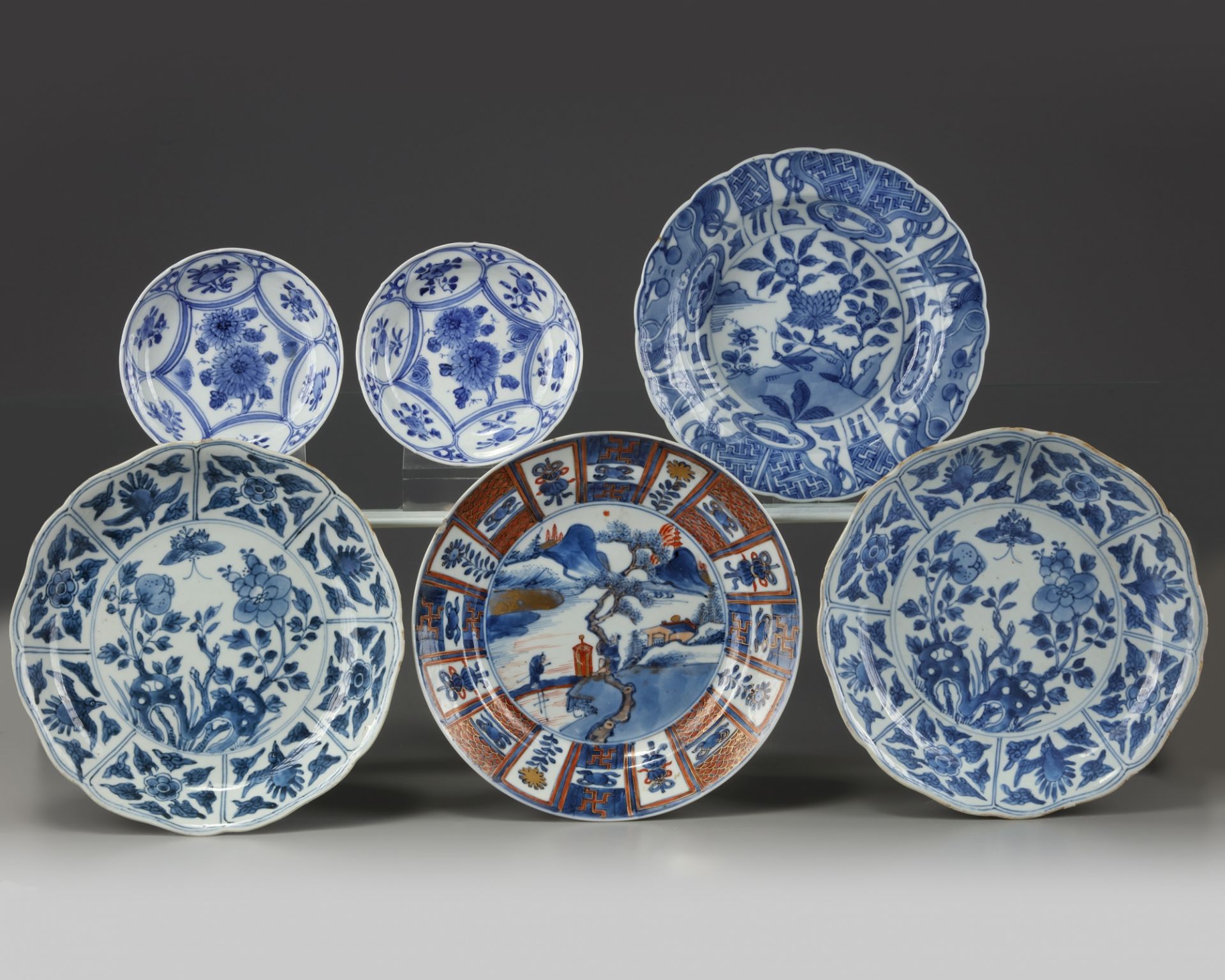 A group of six Chinese and Japanese blue and white dishes