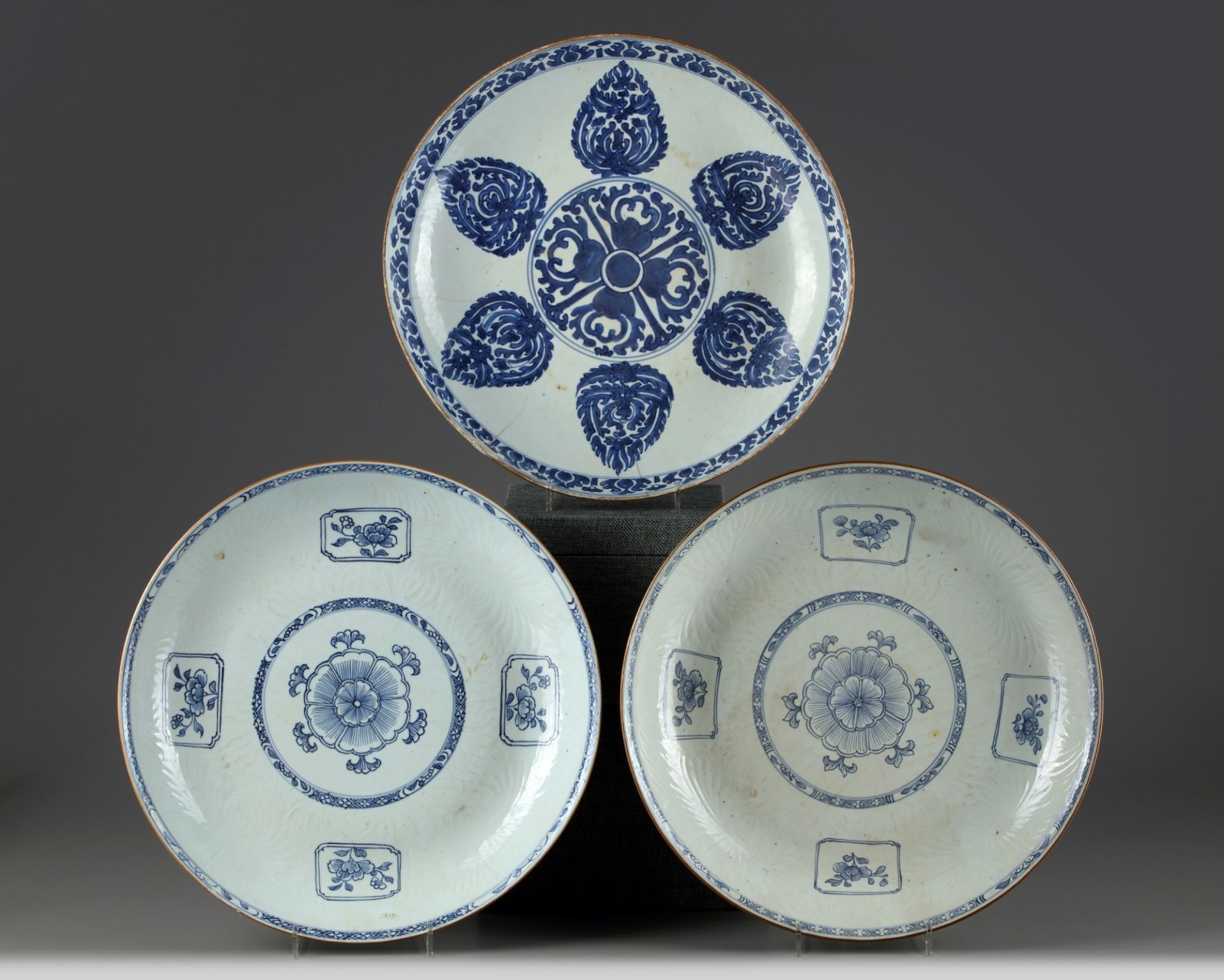 Three Chinese blue and white chargers