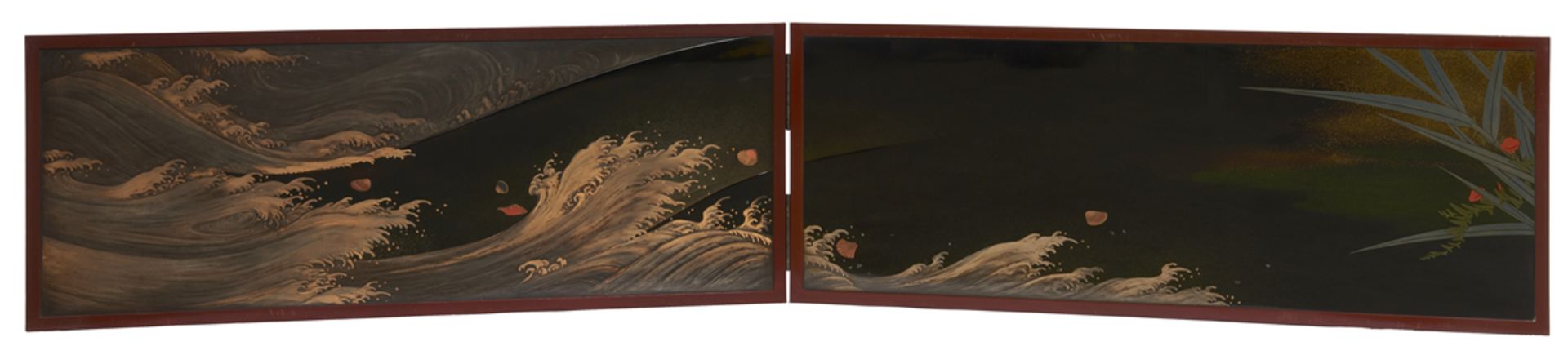 A polychrome lacquered byobu-screen of roaring sea for the tearoom