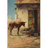 A painting depicting a donkey waiting outside his stable