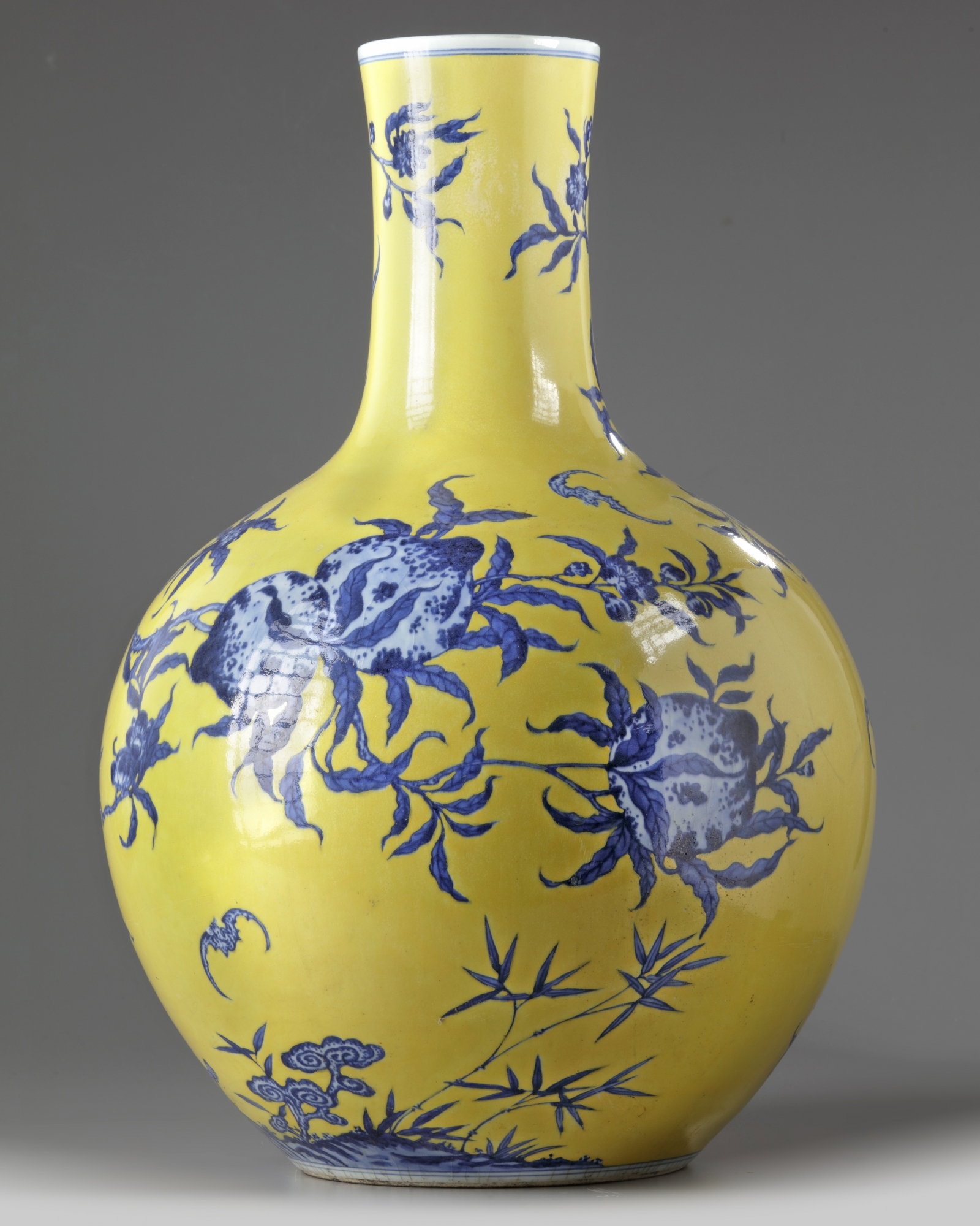 A Chinese yellow-ground blue and white 'nine peach' vase, tianqiuping - Image 2 of 5