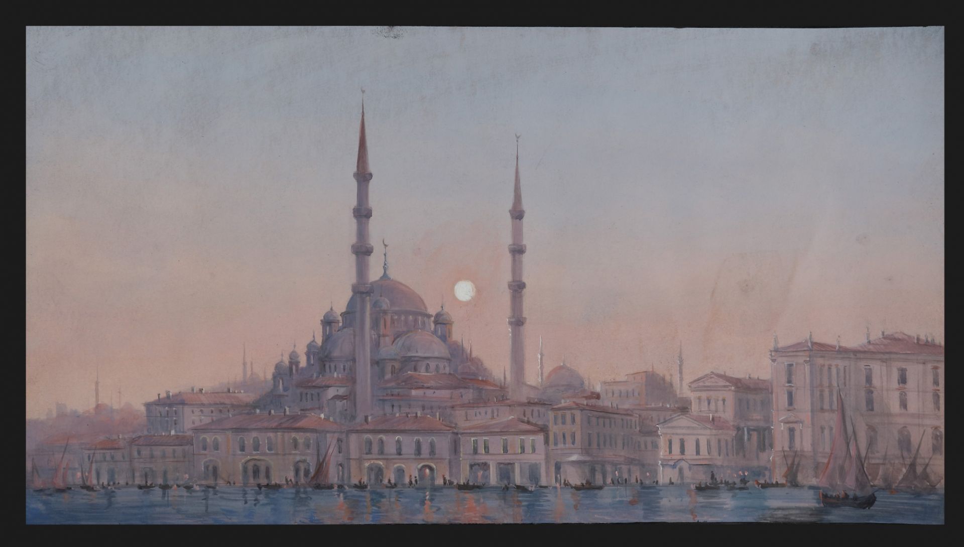 A painting depicting full moon over Istanbul